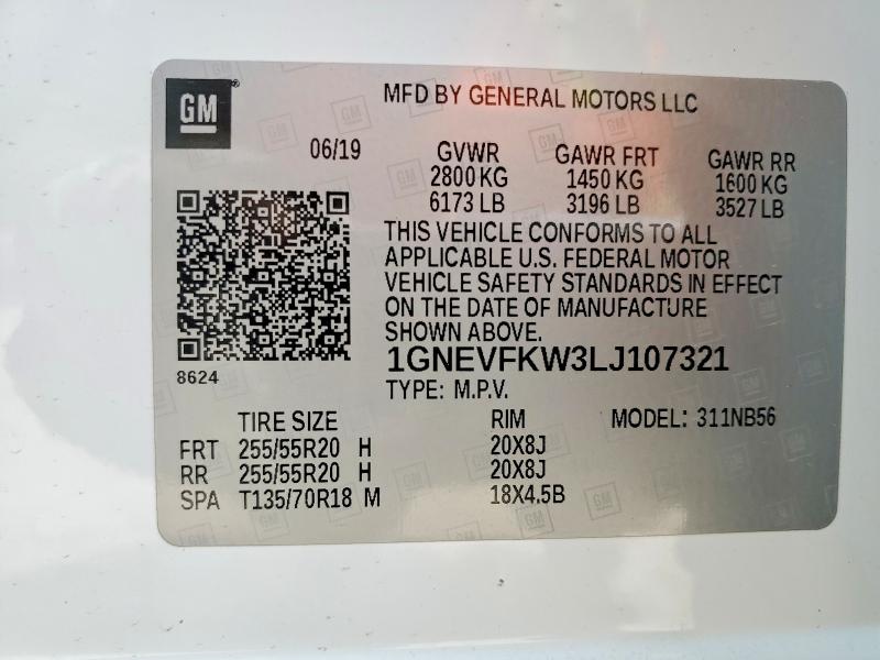 51851566 :رقم المزاد ، 1GNEVFKW3LJ107321 vin ، 2020 Chevrolet Traverse مزاد بيع