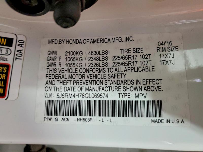 Продаж на аукціоні авто 2016 Honda Cr-v, vin: 5J6RM4H78GL069574, номер лоту: 51699586