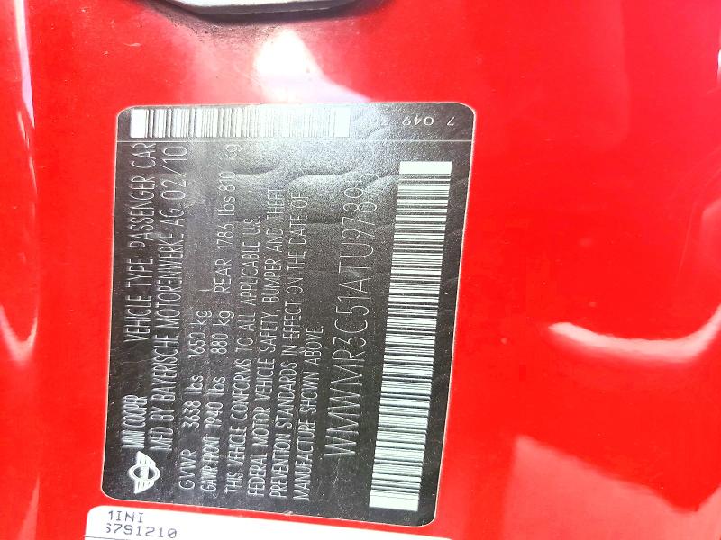 Aukcja sprzedaży 2010 Mini Cooper, vin: WMWMR3C51ATU97895, numer aukcji: 47638786