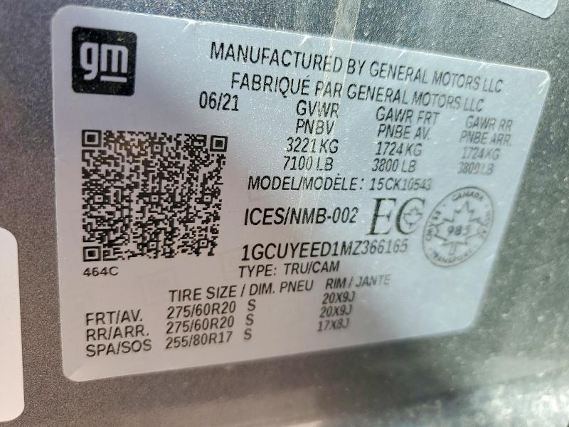Продаж на аукціоні авто 2021 Chevrolet Silverado, vin: 1GCUYEED1MZ366165, номер лоту: 49301886