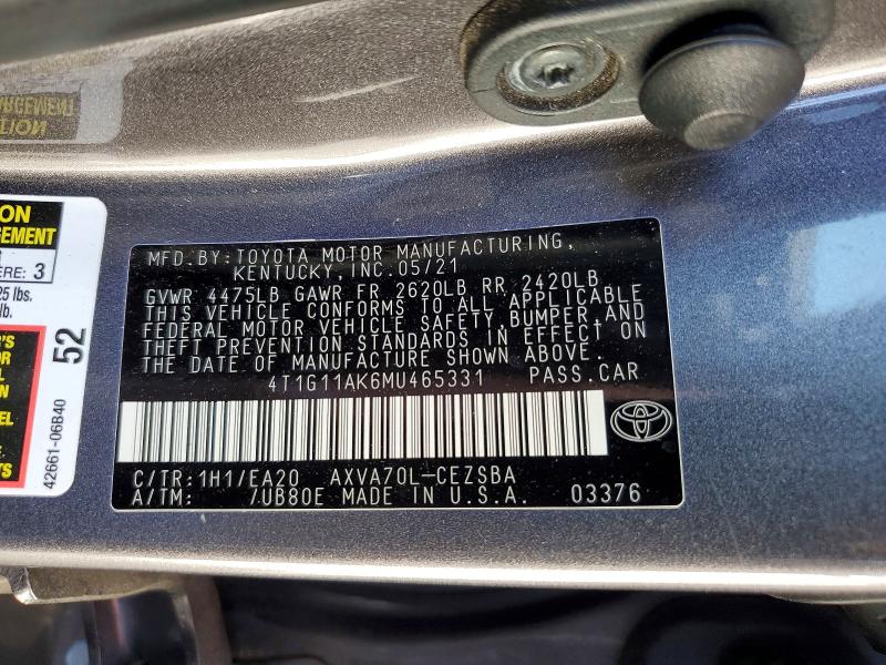 Продажа на аукционе авто 2021 Toyota Camry, vin: 4T1G11AK6MU465331, номер лота: 50172076