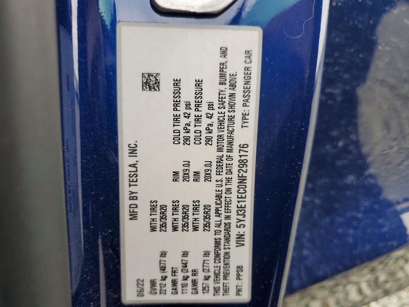 Aukcja sprzedaży 2022 Tesla Model 3, vin: 5YJ3E1EC0NF298176, numer aukcji: 50884986
