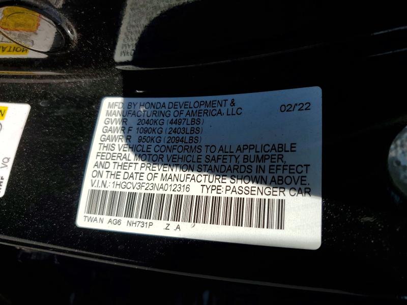 2022 Honda Accord მანქანა იყიდება აუქციონზე, vin: 1HGCV3F23NA012316, აუქციონის ნომერი: 51877736