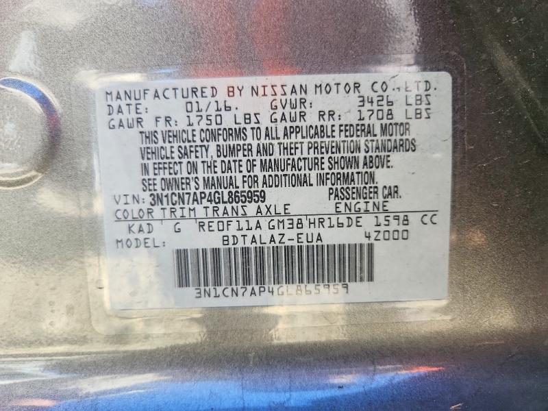 49187976 :رقم المزاد ، 3N1CN7AP4GL865959 vin ، 2016 Nissan Versa مزاد بيع