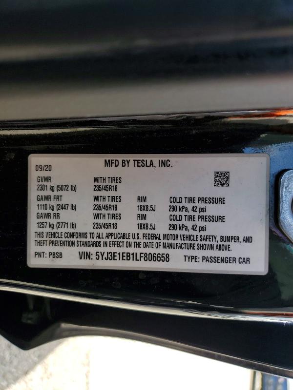 47611366 :رقم المزاد ، 5YJ3E1EB1LF806658 vin ، 2020 Tesla Model 3 مزاد بيع