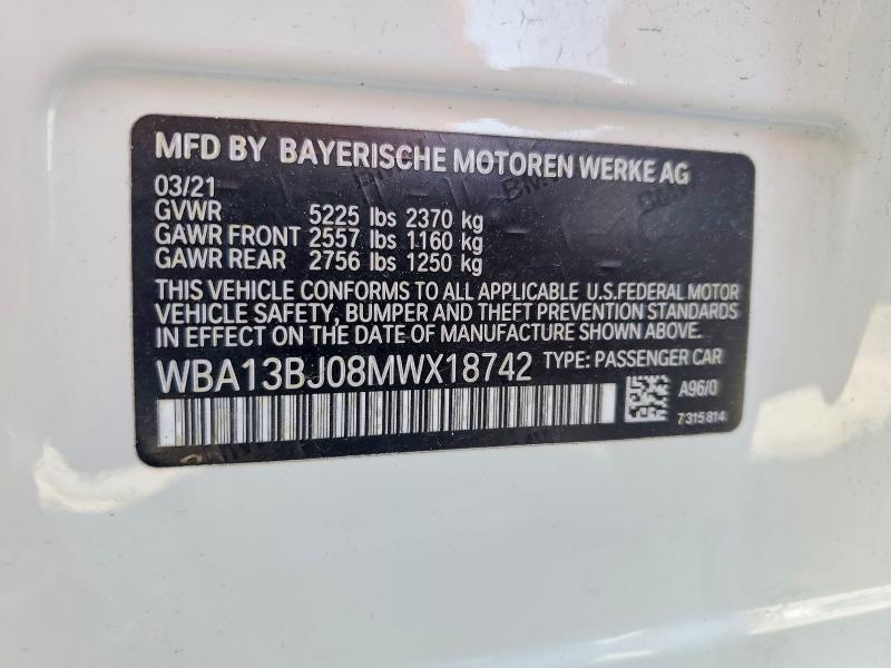 2021 Bmw 530 მანქანა იყიდება აუქციონზე, vin: WBA13BJ08MWX18742, აუქციონის ნომერი: 50490956