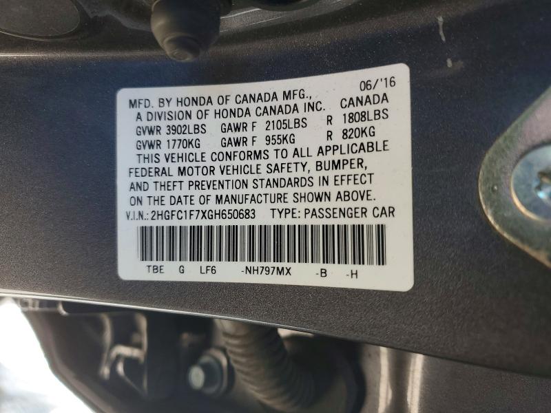 Aukcja sprzedaży 2016 Honda Civic, vin: 2HGFC1F7XGH650683, numer aukcji: 49650076