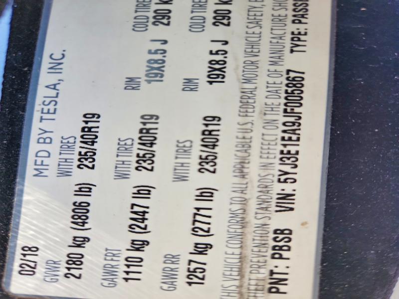 Продаж на аукціоні авто 2018 Tesla Model 3, vin: 5YJ3E1EA9JF005867, номер лоту: 49438186