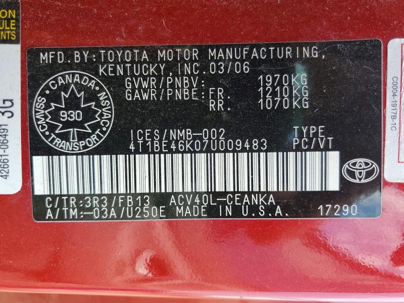 Продажа на аукционе авто 2007 Toyota Camry, vin: 4T1BE46K07U009483, номер лота: 47686686