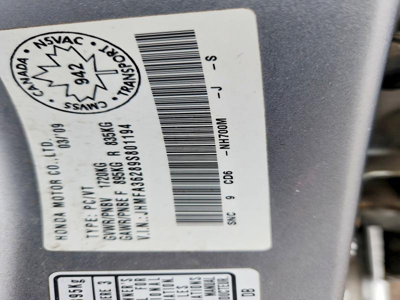 48851686 :رقم المزاد ، JHMFA36289S801194 vin ، 2009 Honda Civic مزاد بيع