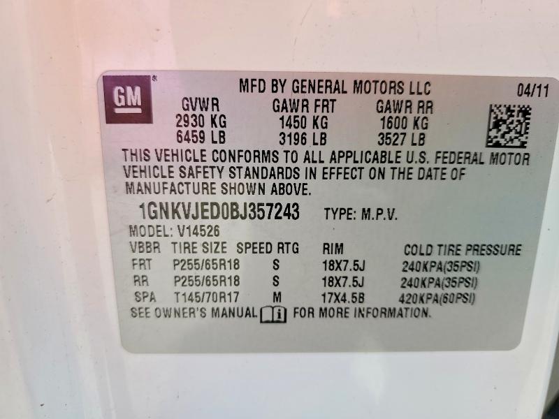 49030746 :رقم المزاد ، 1GNKVJED0BJ357243 vin ، 2011 Chevrolet Traverse مزاد بيع