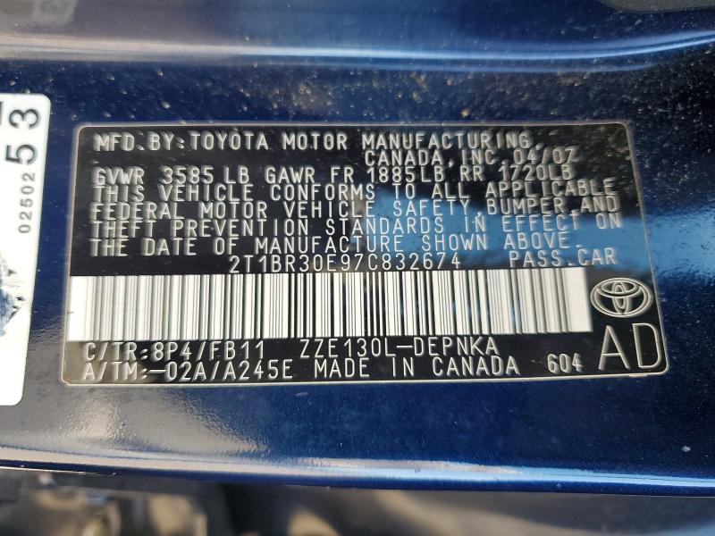 Продажа на аукционе авто 2007 Toyota Corolla, vin: 2T1BR30E97C832674, номер лота: 51667766
