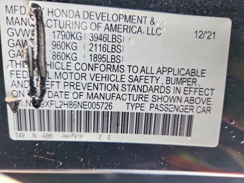 Продажа на аукционе авто 2022 Honda Civic, vin: 19XFL2H86NE005726, номер лота: 50082006