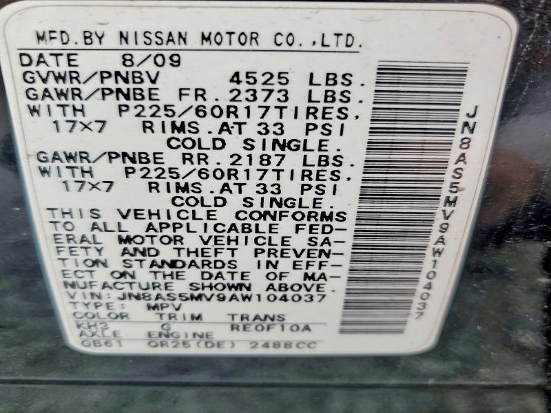 46781886 :رقم المزاد ، JN8AS5MV9AW104037 vin ، 2010 Nissan Rogue مزاد بيع