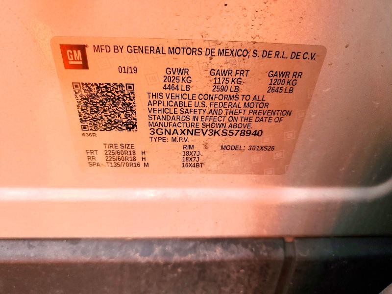 2019 Chevrolet Equinox მანქანა იყიდება აუქციონზე, vin: 3GNAXNEV3KS578940, აუქციონის ნომერი: 48567176