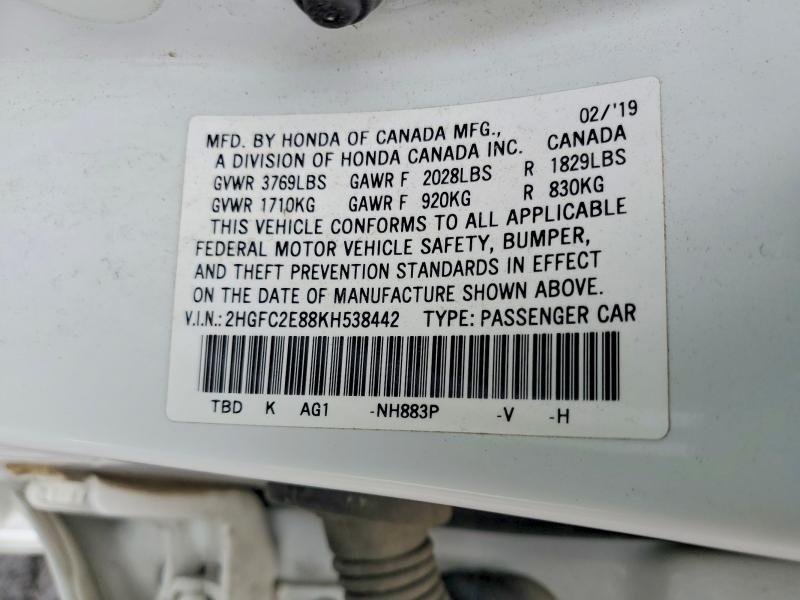 51343306 :رقم المزاد ، 2HGFC2E88KH538442 vin ، 2019 Honda Civic مزاد بيع
