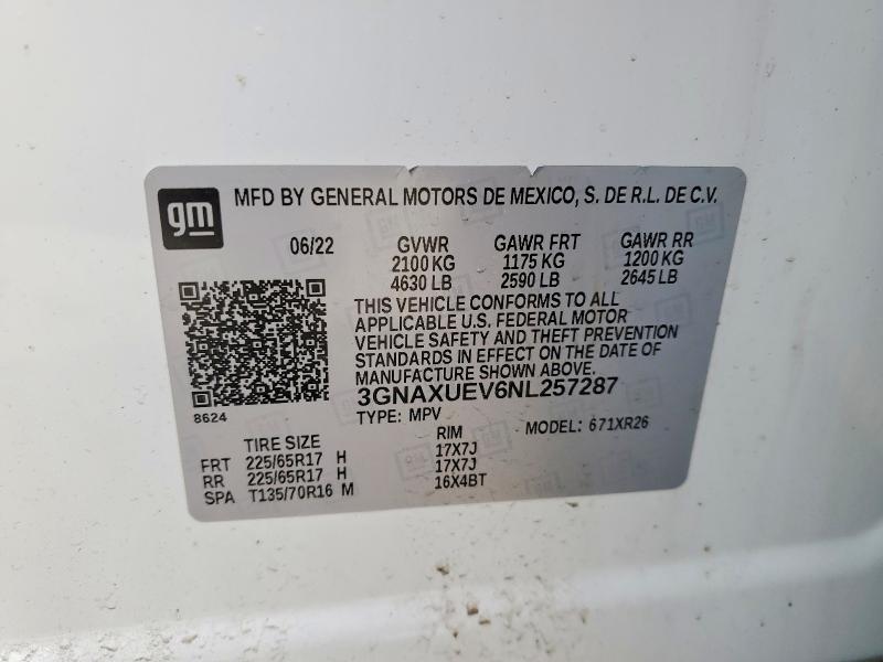 Aukcja sprzedaży 2022 Chevrolet Equinox, vin: 3GNAXUEV6NL257287, numer aukcji: 49936696