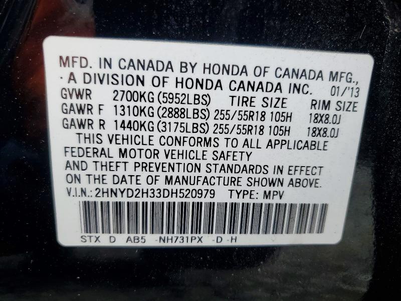 50565856 :رقم المزاد ، 2HNYD2H33DH520979 vin ، 2013 Acura Mdx مزاد بيع