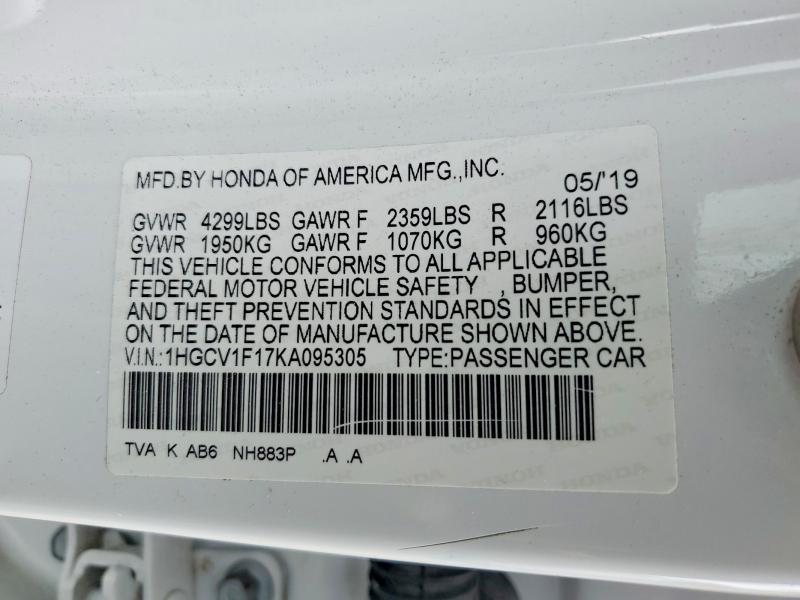 49251736 :رقم المزاد ، 1HGCV1F17KA095305 vin ، 2019 Honda Accord مزاد بيع