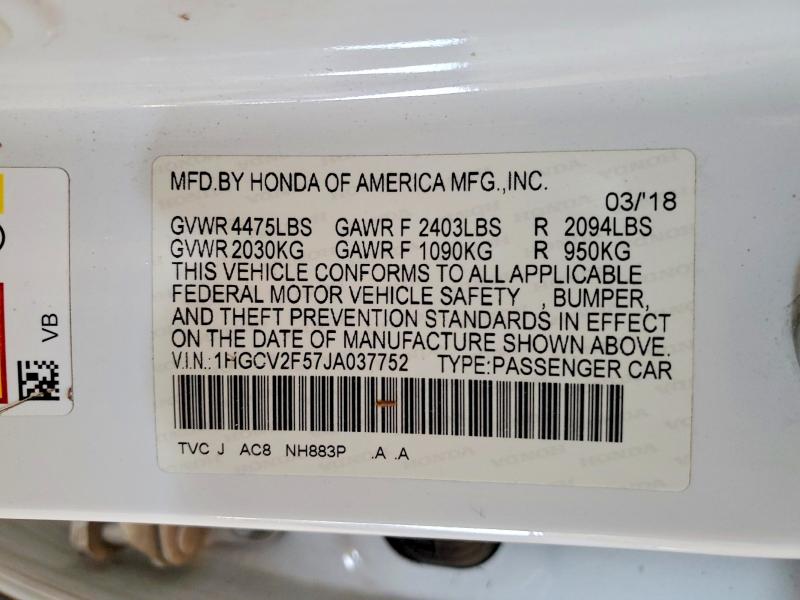 Aukcja sprzedaży 2018 Honda Accord, vin: 1HGCV2F57JA037752, numer aukcji: 49774116