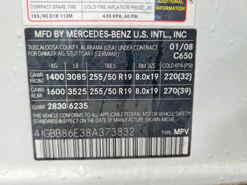 51699316 :رقم المزاد ، 4JGBB86E38A373832 vin ، 2008 Mercedes-benz Ml مزاد بيع
