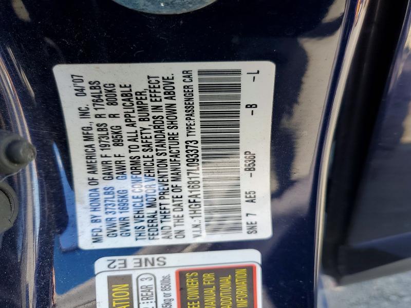 Продаж на аукціоні авто 2007 Honda Civic, vin: 1HGFA16817L093373, номер лоту: 49985376