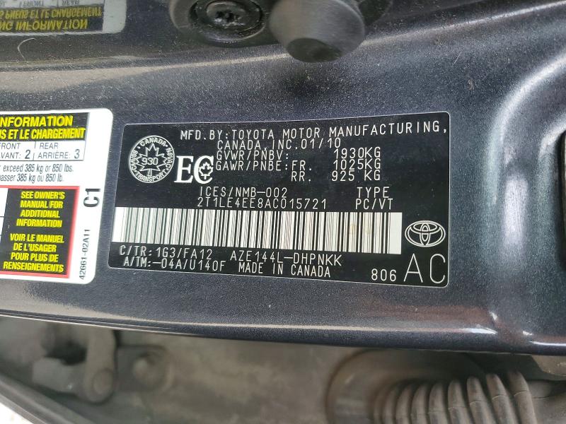 50495686 :رقم المزاد ، 2T1LE4EE8AC015721 vin ، 2010 Toyota Corolla Matrix مزاد بيع