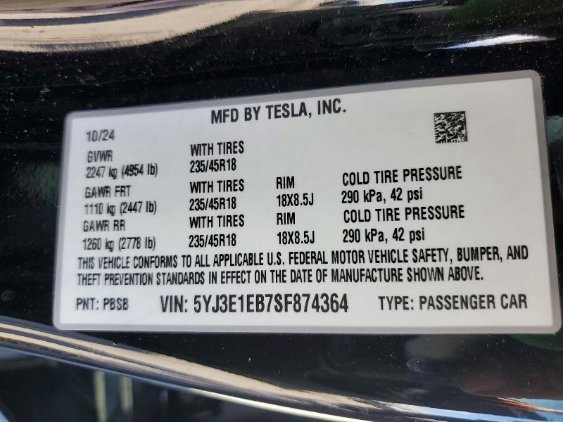 47564466 :رقم المزاد ، 5YJ3E1EB7SF874364 vin ، 2025 Tesla Model 3 مزاد بيع