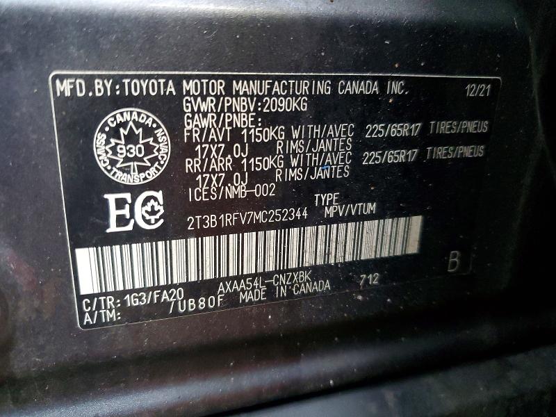 Aukcja sprzedaży 2021 Toyota Rav4, vin: 2T3B1RFV7MC252344, numer aukcji: 47547236