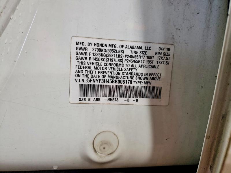 2011 Honda Pilot მანქანა იყიდება აუქციონზე, vin: 5FNYF3H45BB006178, აუქციონის ნომერი: 51569656