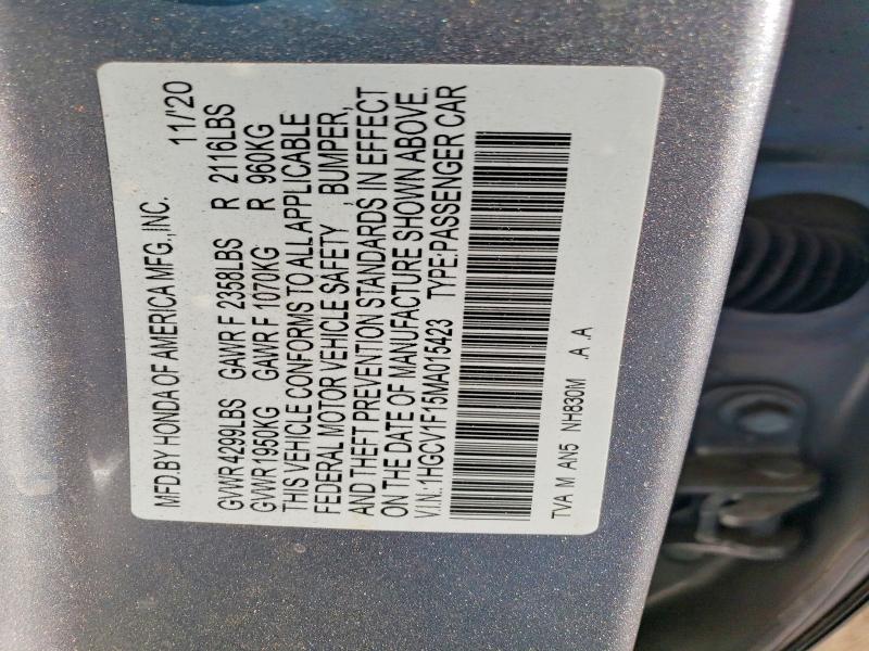 2021 Honda Accord მანქანა იყიდება აუქციონზე, vin: 1HGCV1F15MA015423, აუქციონის ნომერი: 51449856