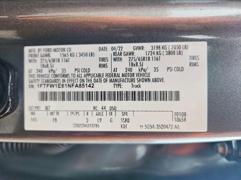 2022 Ford F150 მანქანა იყიდება აუქციონზე, vin: 1FTFW1E81NFA85142, აუქციონის ნომერი: 48939306