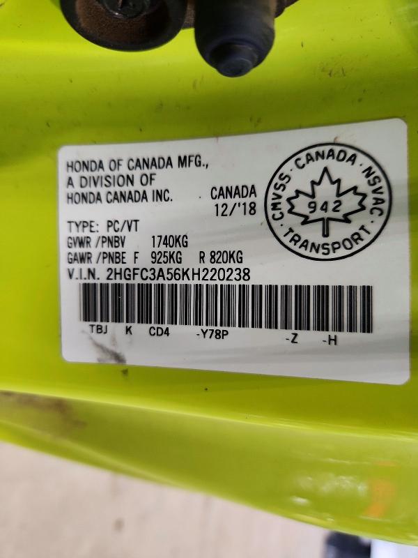 Продаж на аукціоні авто 2019 Honda Civic, vin: 2HGFC3A56KH220238, номер лоту: 45531256