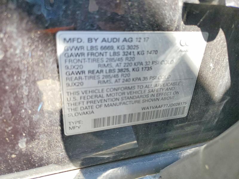 50915046 :رقم المزاد ، WA1VAAF77JD026175 vin ، 2018 Audi Q7 مزاد بيع