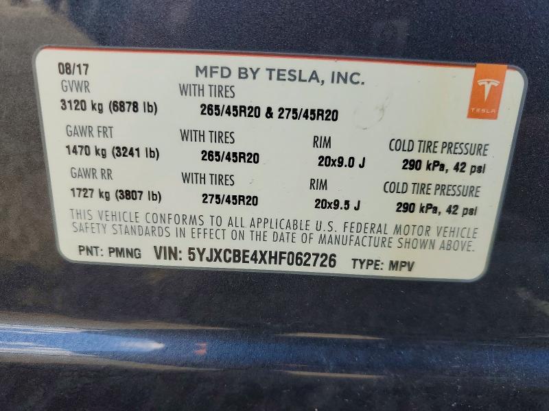 Aukcja sprzedaży 2017 Tesla Model X, vin: 5YJXCBE4XHF062726, numer aukcji: 49148236