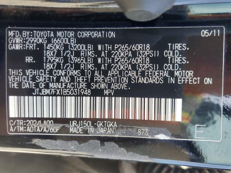 50789806 :رقم المزاد ، JTJBM7FX1B5031948 vin ، 2011 Lexus Gx مزاد بيع