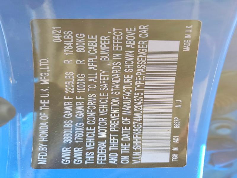 79769095 :رقم المزاد ، SHHFK8G74MU204375 vin ، 2021 Honda Civic مزاد بيع
