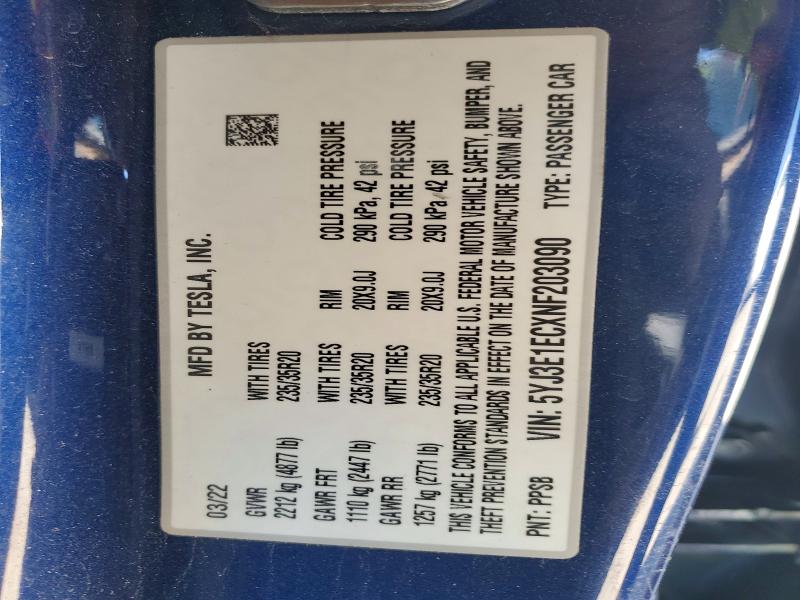 Aukcja sprzedaży 2022 Tesla Model 3, vin: 5YJ3E1ECXNF203090, numer aukcji: 48935066