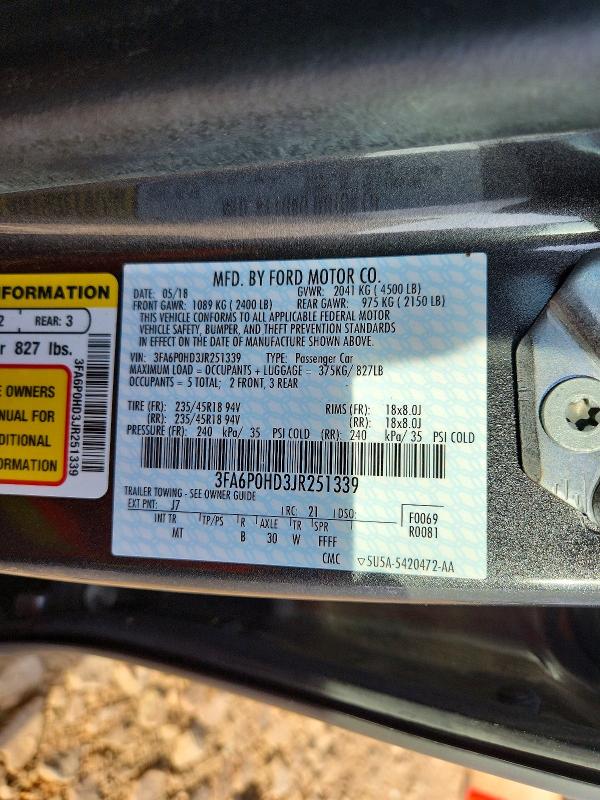 2018 Ford Fusion მანქანა იყიდება აუქციონზე, vin: 3FA6P0HD3JR251339, აუქციონის ნომერი: 49444006