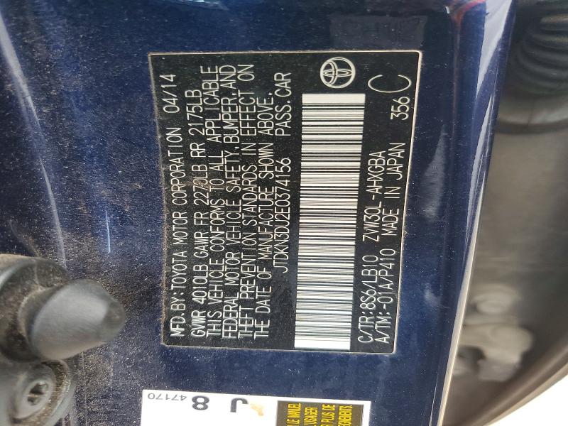 Auction sale of the 2014 Toyota Prius, vin: JTDKN3DU2E0374156, lot number: 51183876