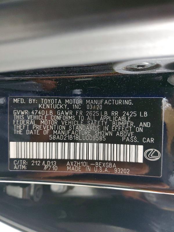 2020 Lexus Es მანქანა იყიდება აუქციონზე, vin: 58AD21B18LU009585, აუქციონის ნომერი: 50659036
