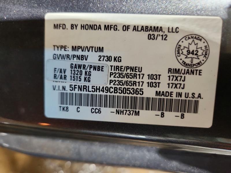 Aukcja sprzedaży 2012 Honda Odyssey, vin: 5FNRL5H49CB505365, numer aukcji: 48460686