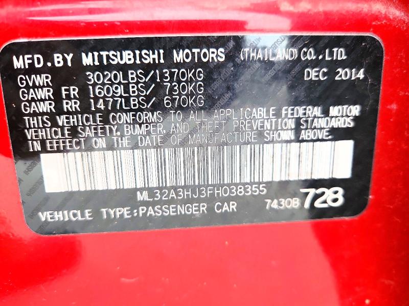51276066 :رقم المزاد ، ML32A3HJ3FH038355 vin ، 2015 Mitsubishi Mirage مزاد بيع