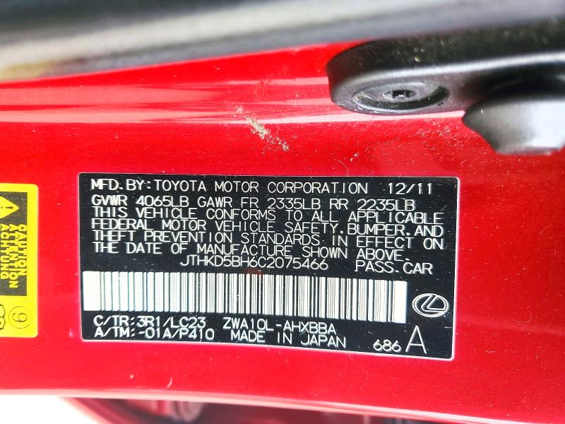 49925486 :رقم المزاد ، JTHKD5BH6C2075466 vin ، 2012 Lexus Ct مزاد بيع