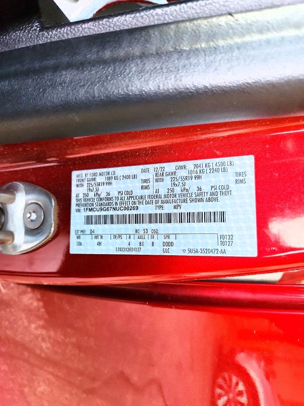 51523886 :رقم المزاد ، 1FMCU9G67NUC00269 vin ، 2022 Ford Escape مزاد بيع
