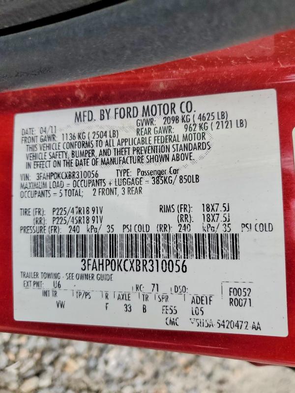 Продажа на аукционе авто 2011 Ford Fusion, vin: 3FAHP0KCXBR310056, номер лота: 47662126