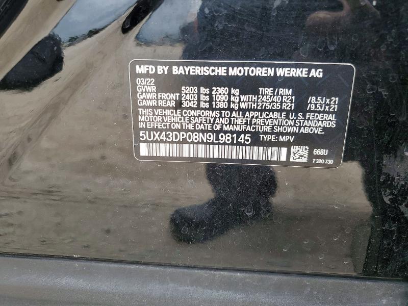 2022 Bmw X3 მანქანა იყიდება აუქციონზე, vin: 5UX43DP08N9L98145, აუქციონის ნომერი: 51332086