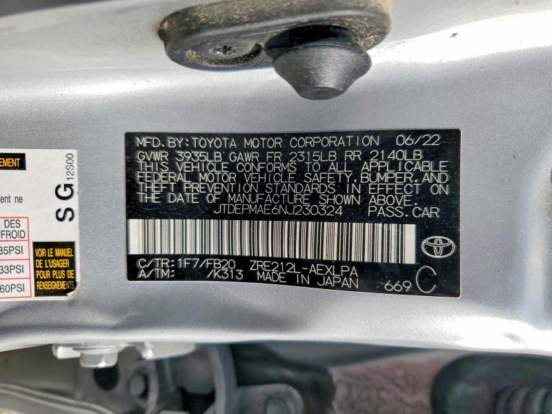 Aukcja sprzedaży 2022 Toyota Corolla, vin: JTDEPMAE6NJ230324, numer aukcji: 49901606