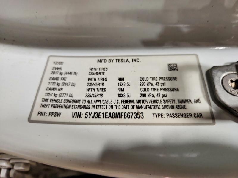 50141016 :رقم المزاد ، 5YJ3E1EA8MF867353 vin ، 2021 Tesla Model 3 مزاد بيع