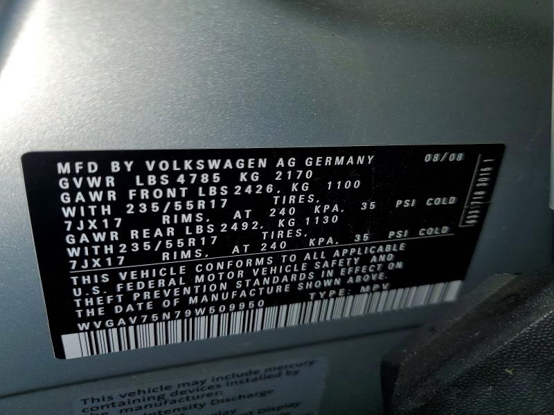 49225356 :رقم المزاد ، WVGAV75N79W509950 vin ، 2009 Volkswagen Tiguan مزاد بيع